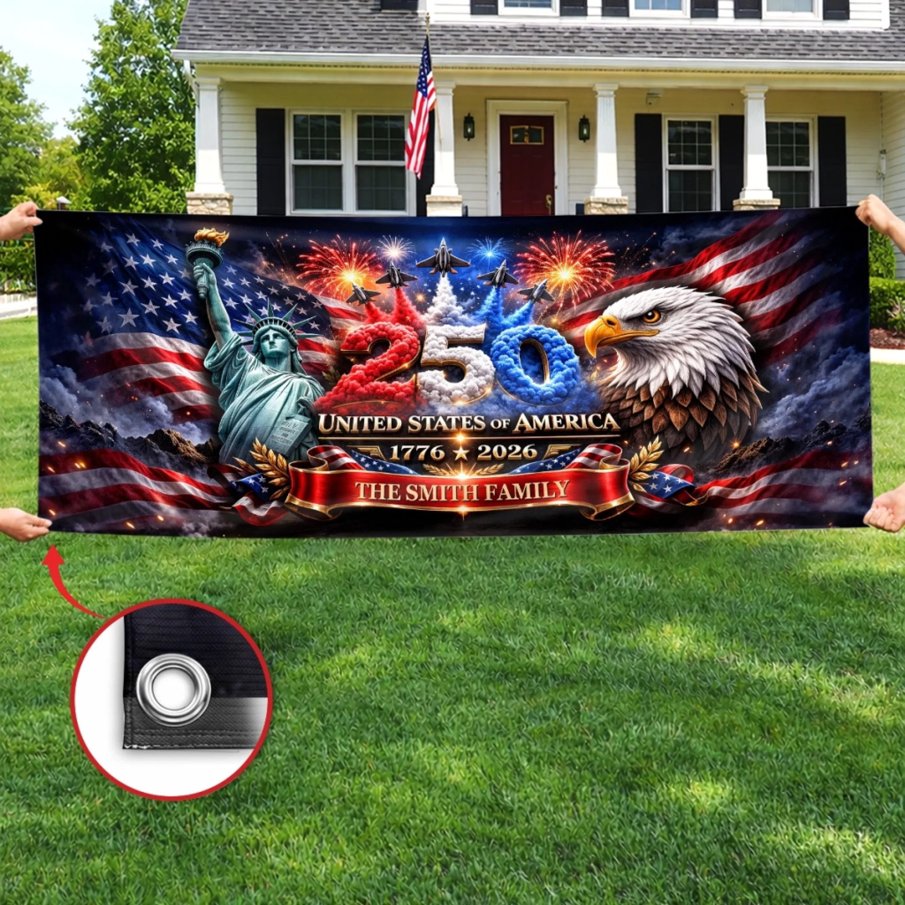 Custom Polyester Outdoor Banner - Personalized America 250th Anniversary Gifts For Mom, Dad, Brother, Sister, Kids - Strong As One