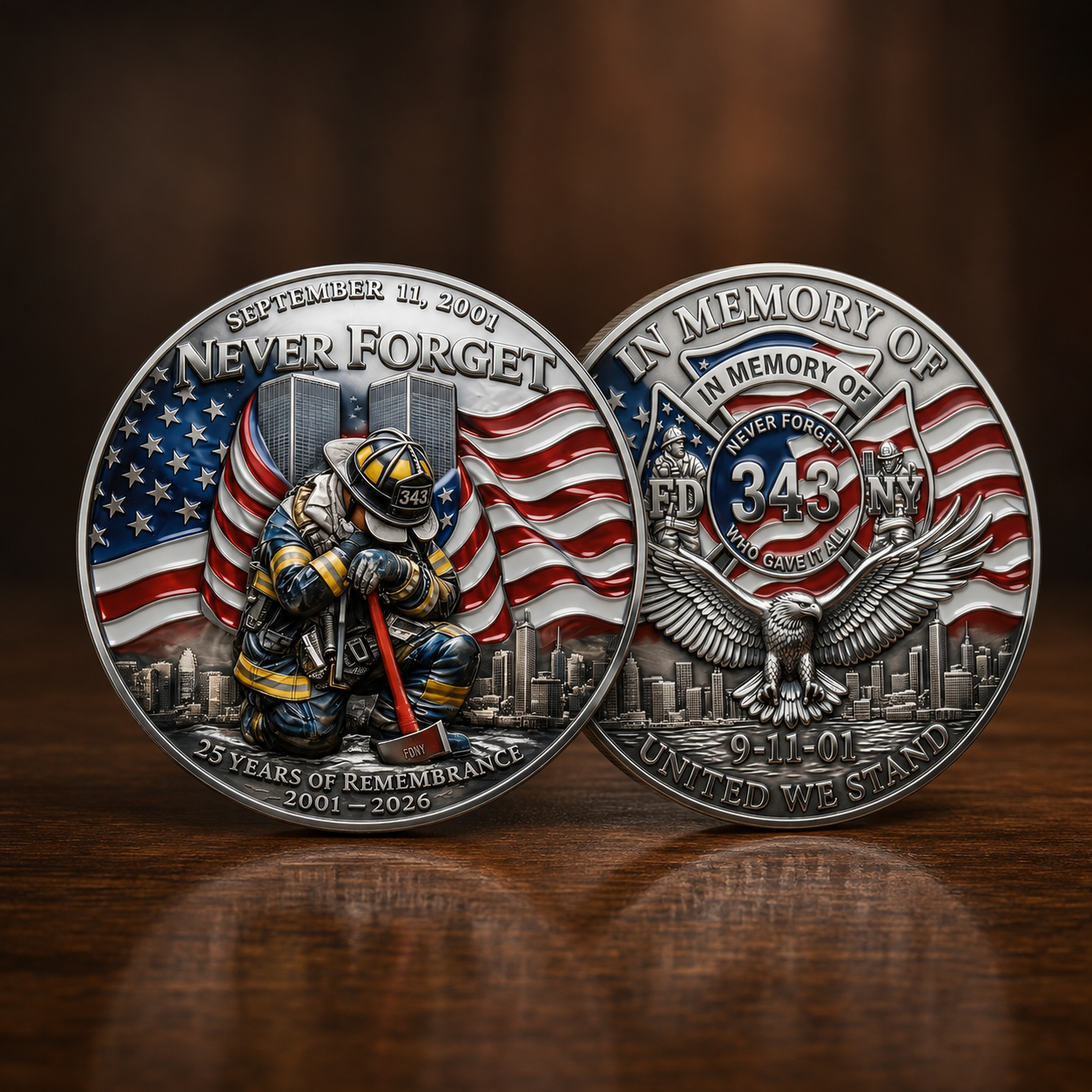 9/11 Never Forget Firefighter Memorial Coin – 25th Anniversary Tribute