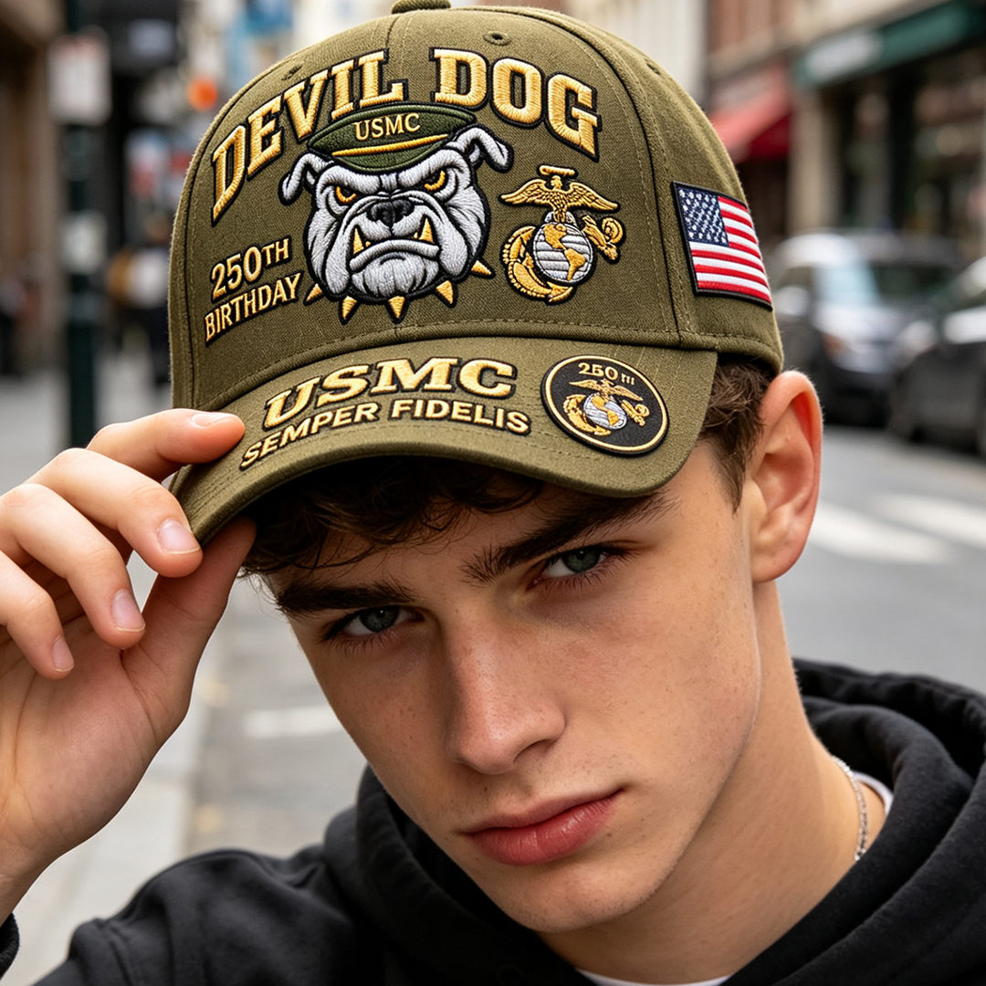🔥 Father’s Day Sale - ❤️Handmade Devil Dog USMC 250th Birthday Commemorative Cap 🇺🇸