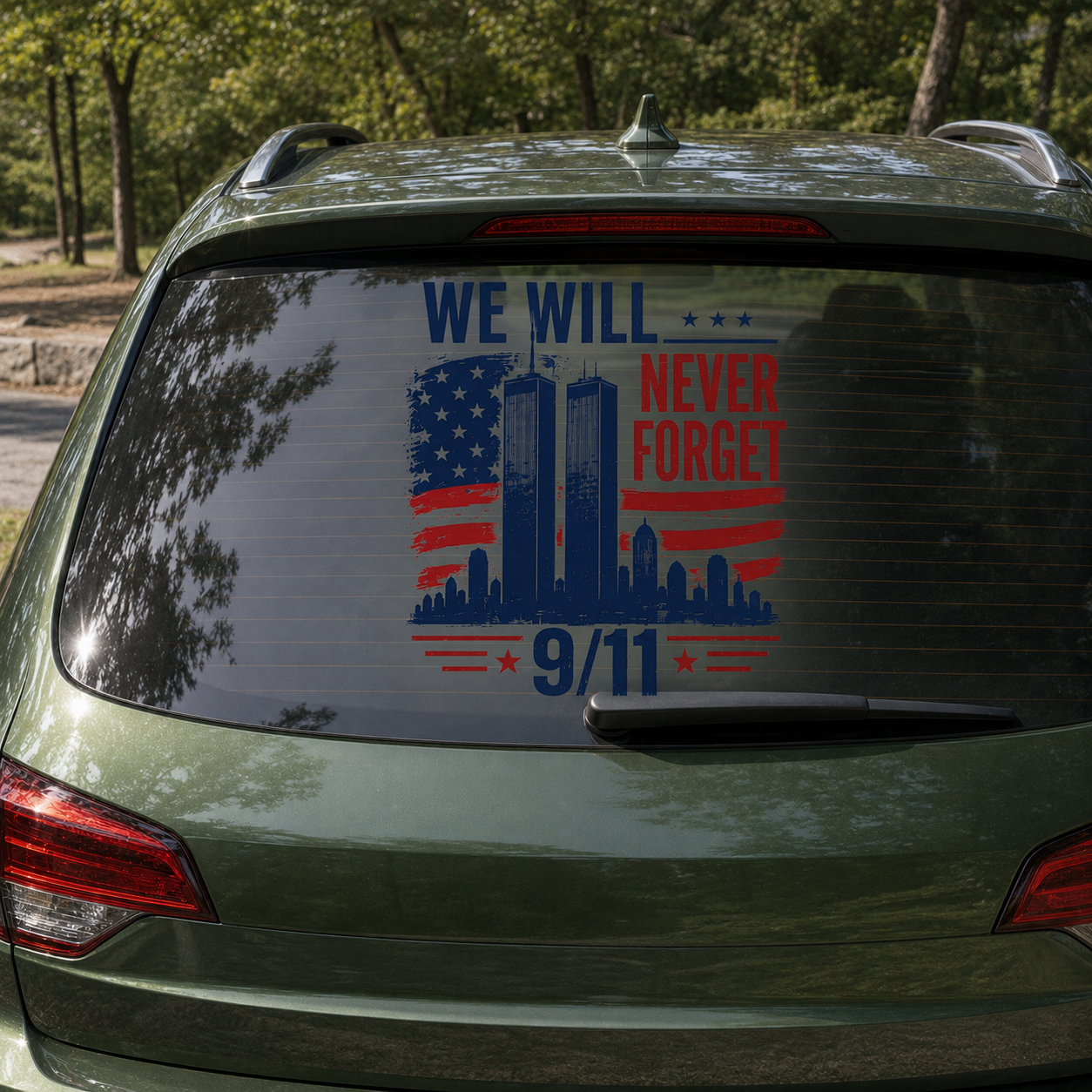 9/11 Memorial Car Window Decal – We Will Never Forget Tribute Sticker