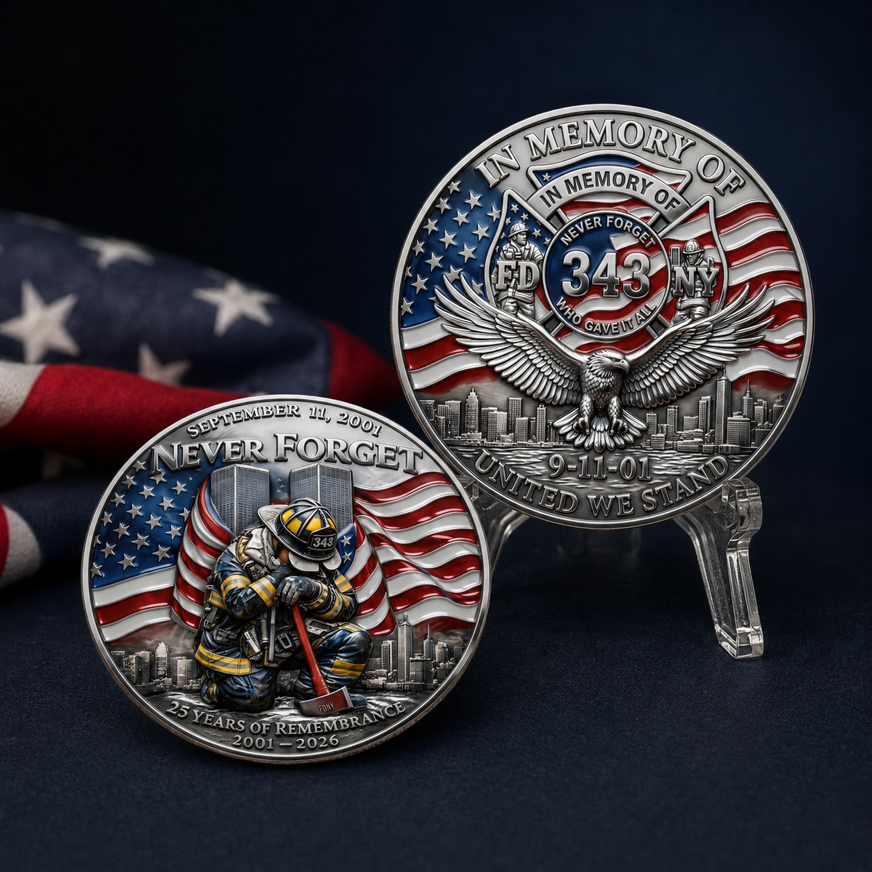 9/11 Never Forget Firefighter Memorial Coin – 25th Anniversary Tribute