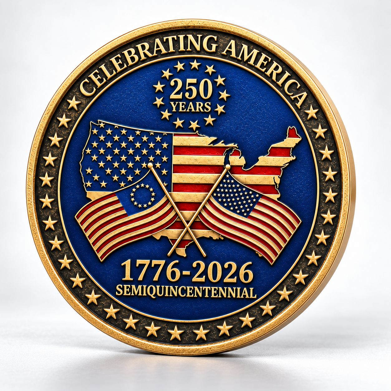 Front design with US map, crossed American flags, 250 YEARS and 1776-2026