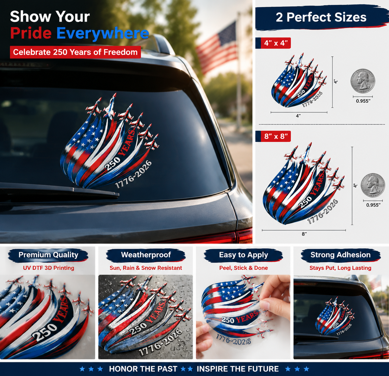🔥 LIMITED TIME OFFER – America 250th Anniversary Patriotic UV DTF 3D Car Decal (1776–2026)