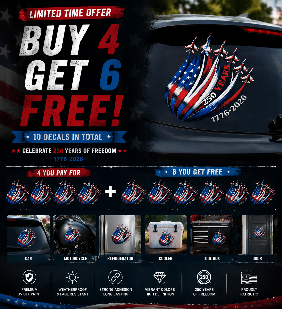 🔥 LIMITED TIME OFFER – America 250th Anniversary Patriotic UV DTF 3D Car Decal (1776–2026)