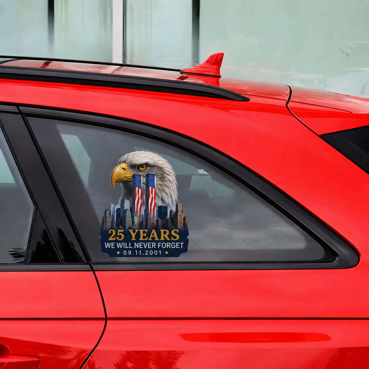 9/11 25th Anniversary Bald Eagle Memorial Car Decal – We Will Never Forget 09.11.2001