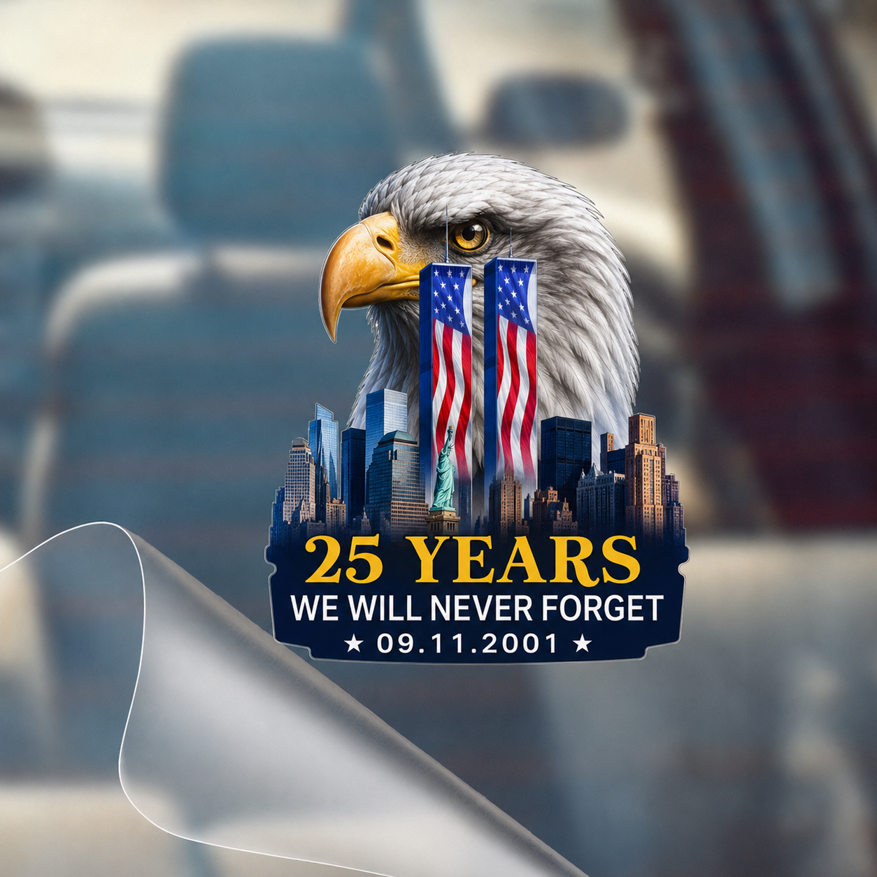 9/11 25th Anniversary Bald Eagle Memorial Car Decal – We Will Never Forget 09.11.2001