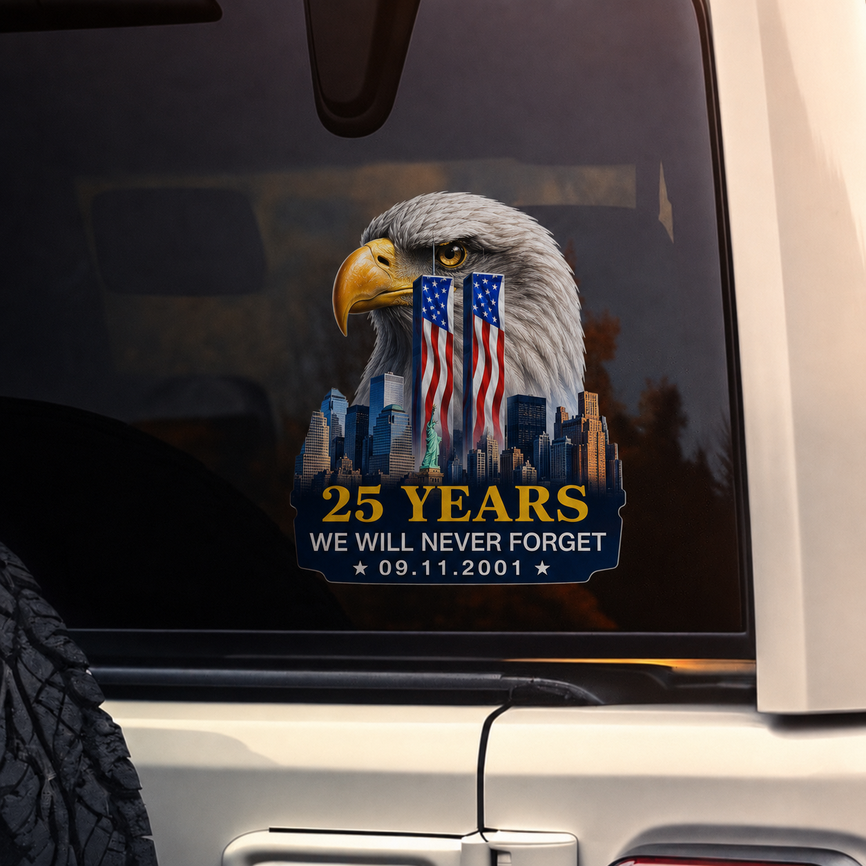 9/11 25th Anniversary Bald Eagle Memorial Car Decal – We Will Never Forget 09.11.2001