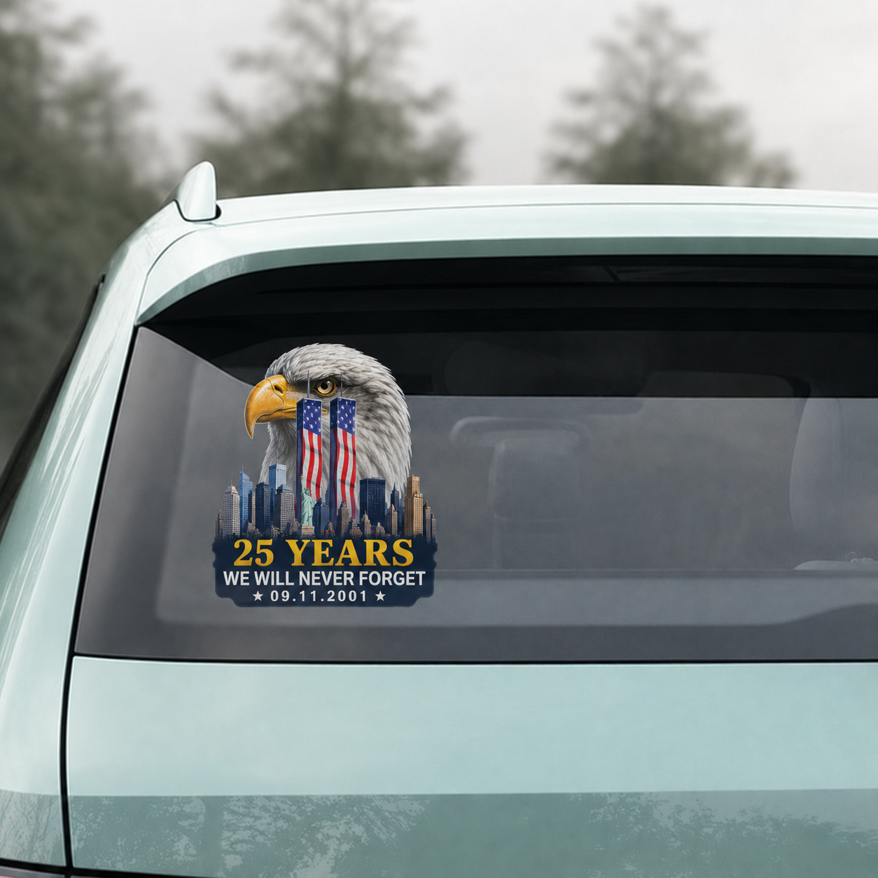 9/11 25th Anniversary Bald Eagle Memorial Car Decal – We Will Never Forget 09.11.2001