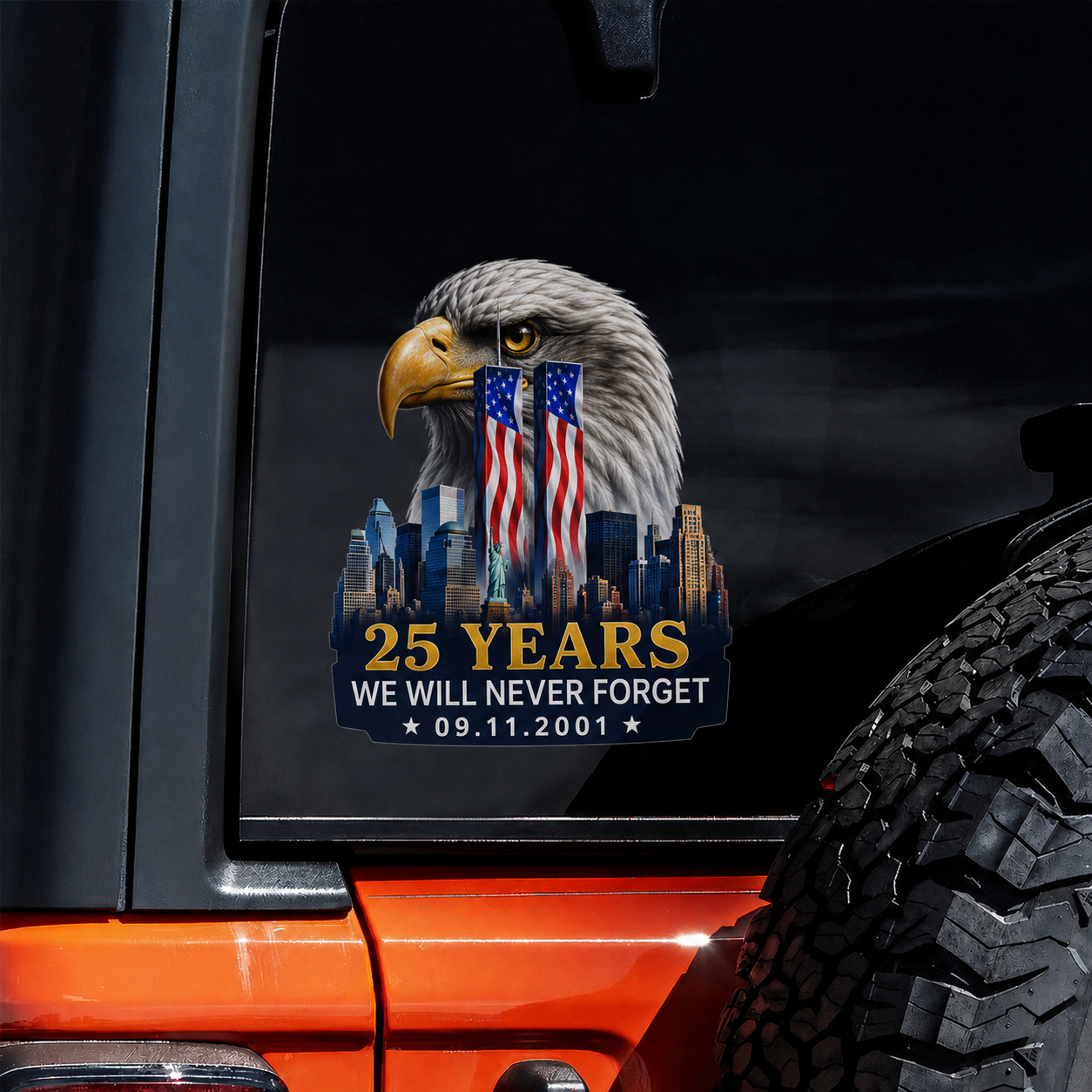 9/11 25th Anniversary Bald Eagle Memorial Car Decal – We Will Never Forget 09.11.2001