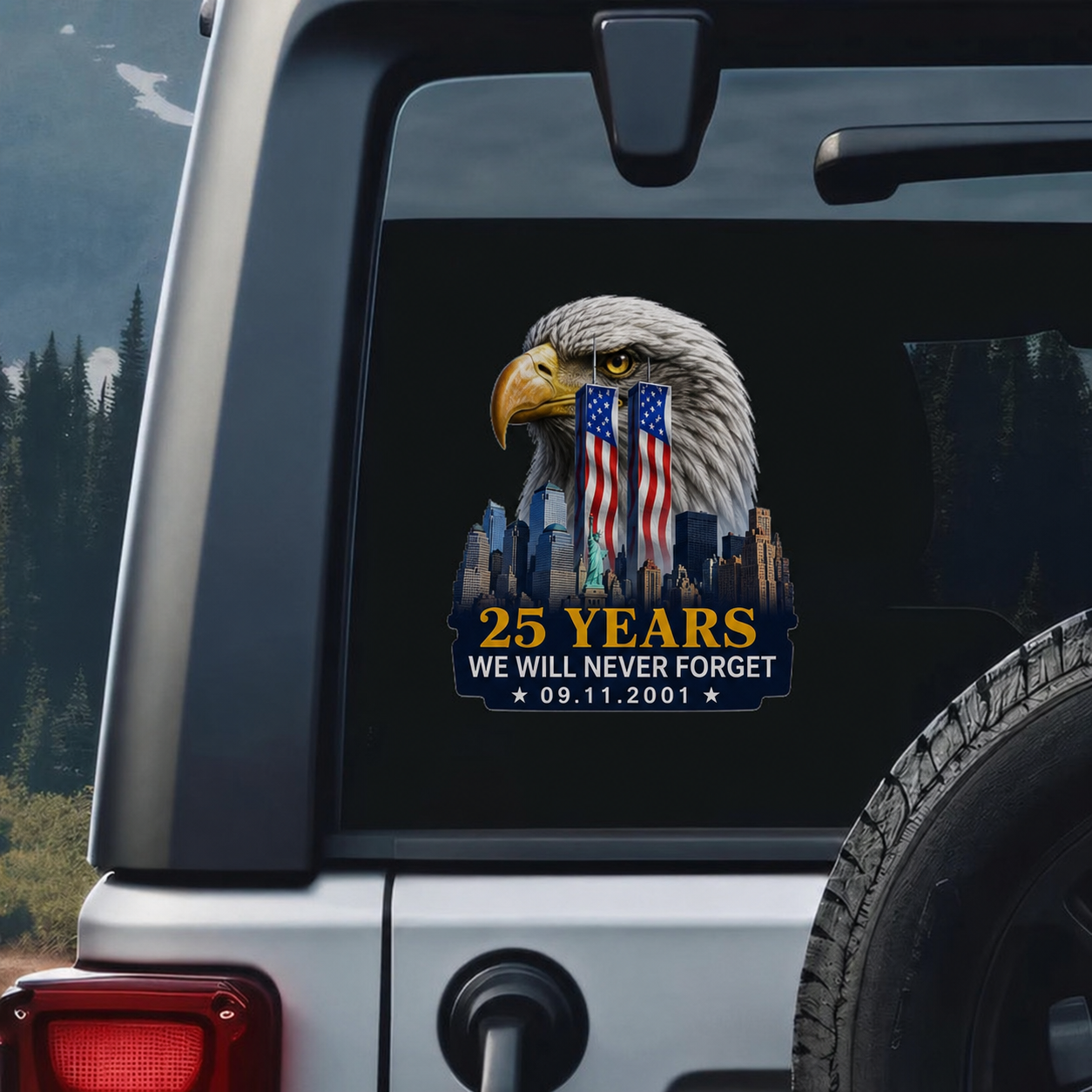 9/11 25th Anniversary Bald Eagle Memorial Car Decal – We Will Never Forget 09.11.2001