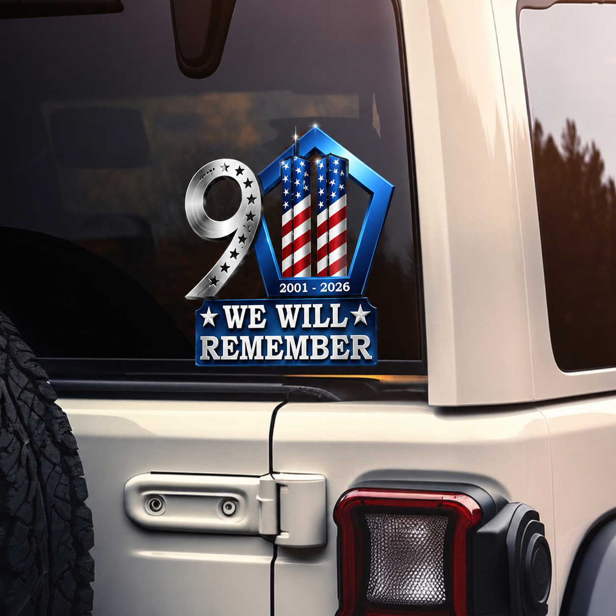 9/11 We Will Remember Car Window Decal – 25th Anniversary Memorial Tribute | 2001–2026