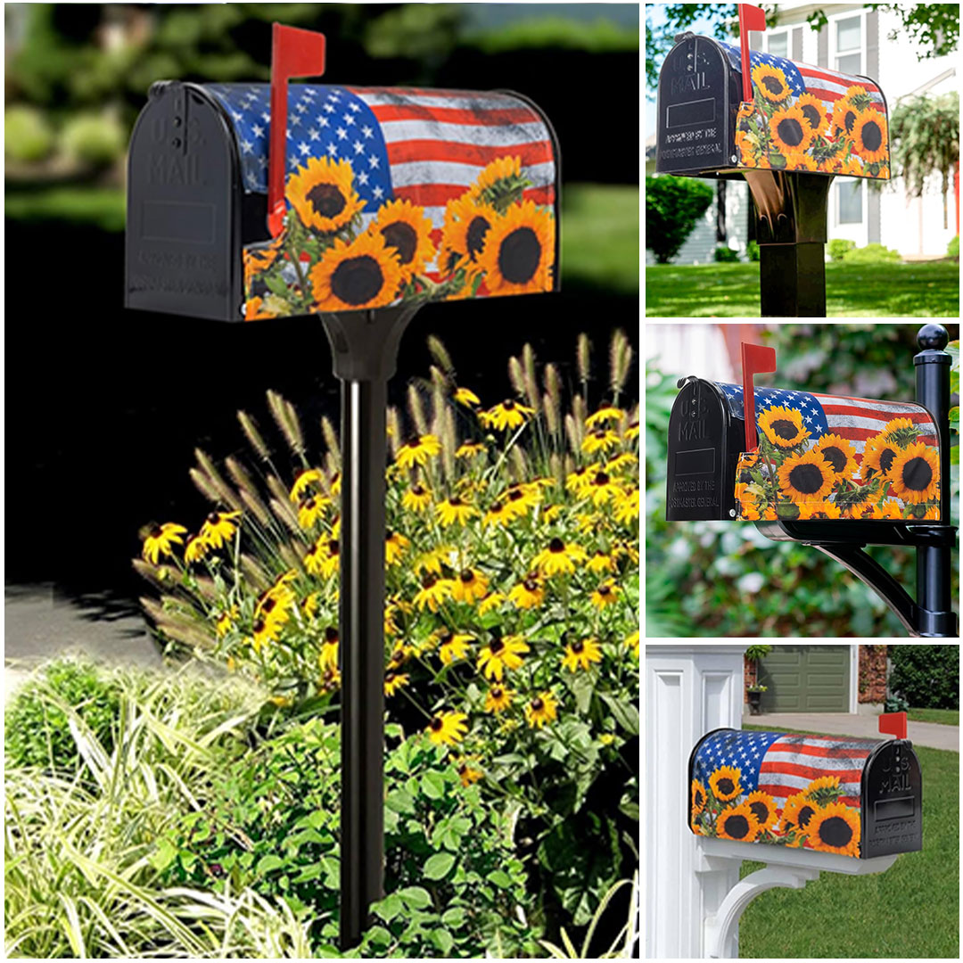 4th of July Mailbox Cover Patriotic American Stripes Stars Flag with Sunflowers