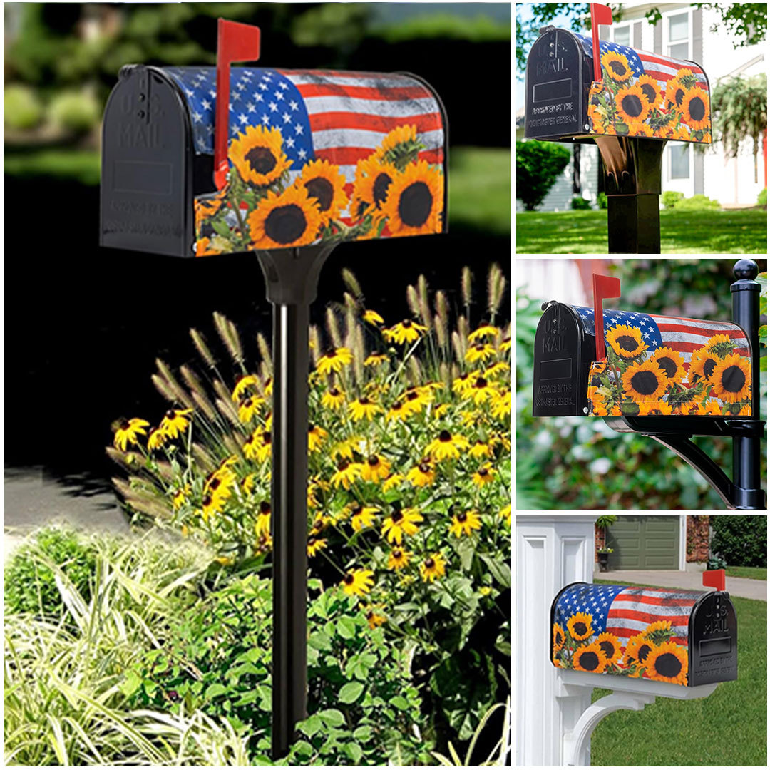 4th of July Mailbox Cover Patriotic American Stripes Stars Flag with Sunflowers