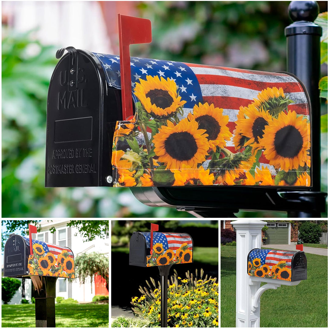 4th of July Mailbox Cover Patriotic American Stripes Stars Flag with Sunflowers
