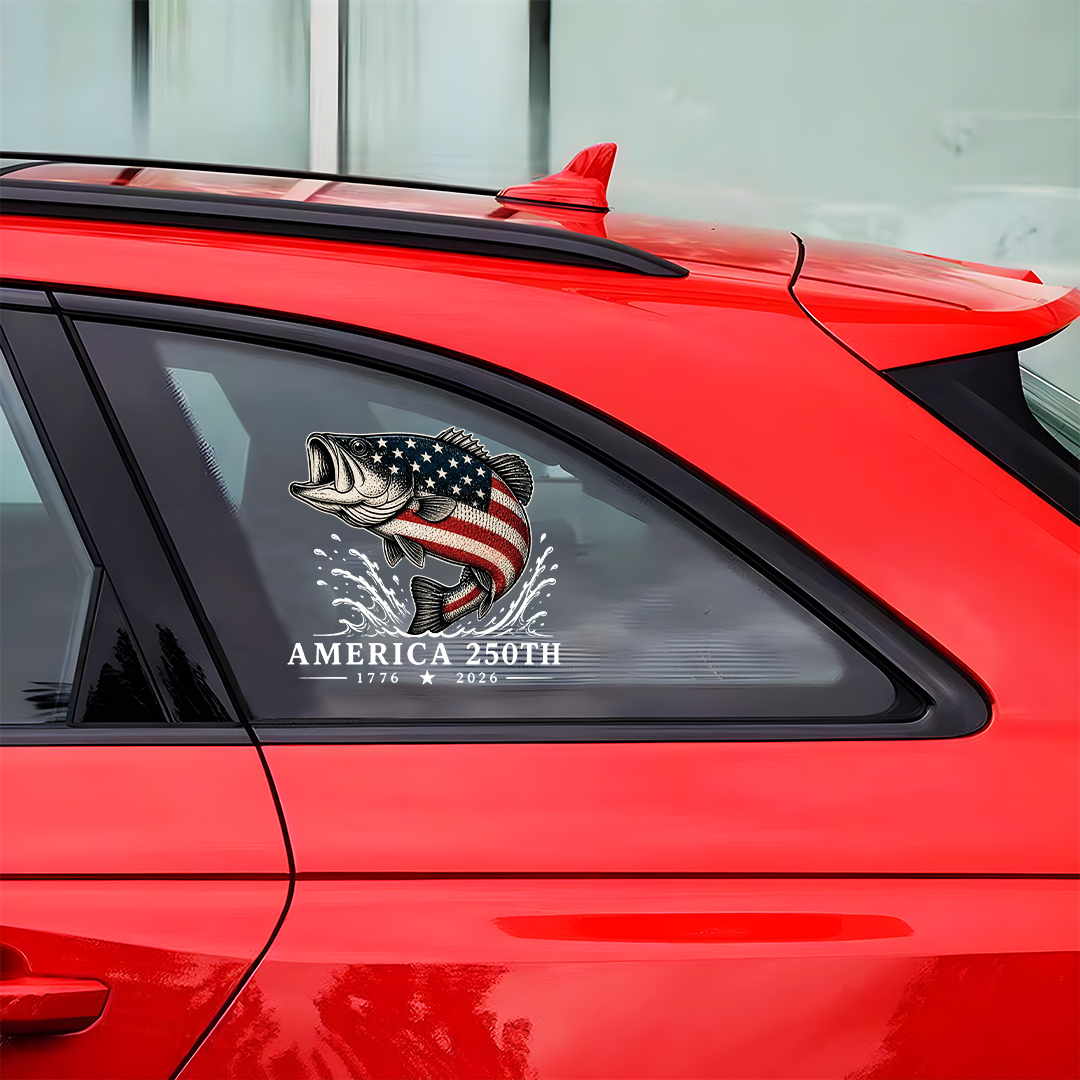 America 250th Anniversary Bass Fish Car Decal – 1776–2026 Patriotic Outdoor Sticker