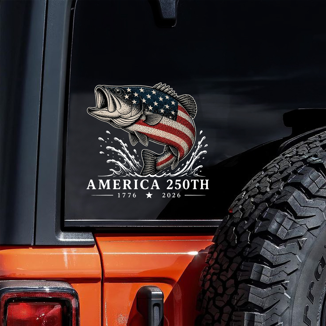 America 250th Anniversary Bass Fish Car Decal – 1776–2026 Patriotic Outdoor Sticker