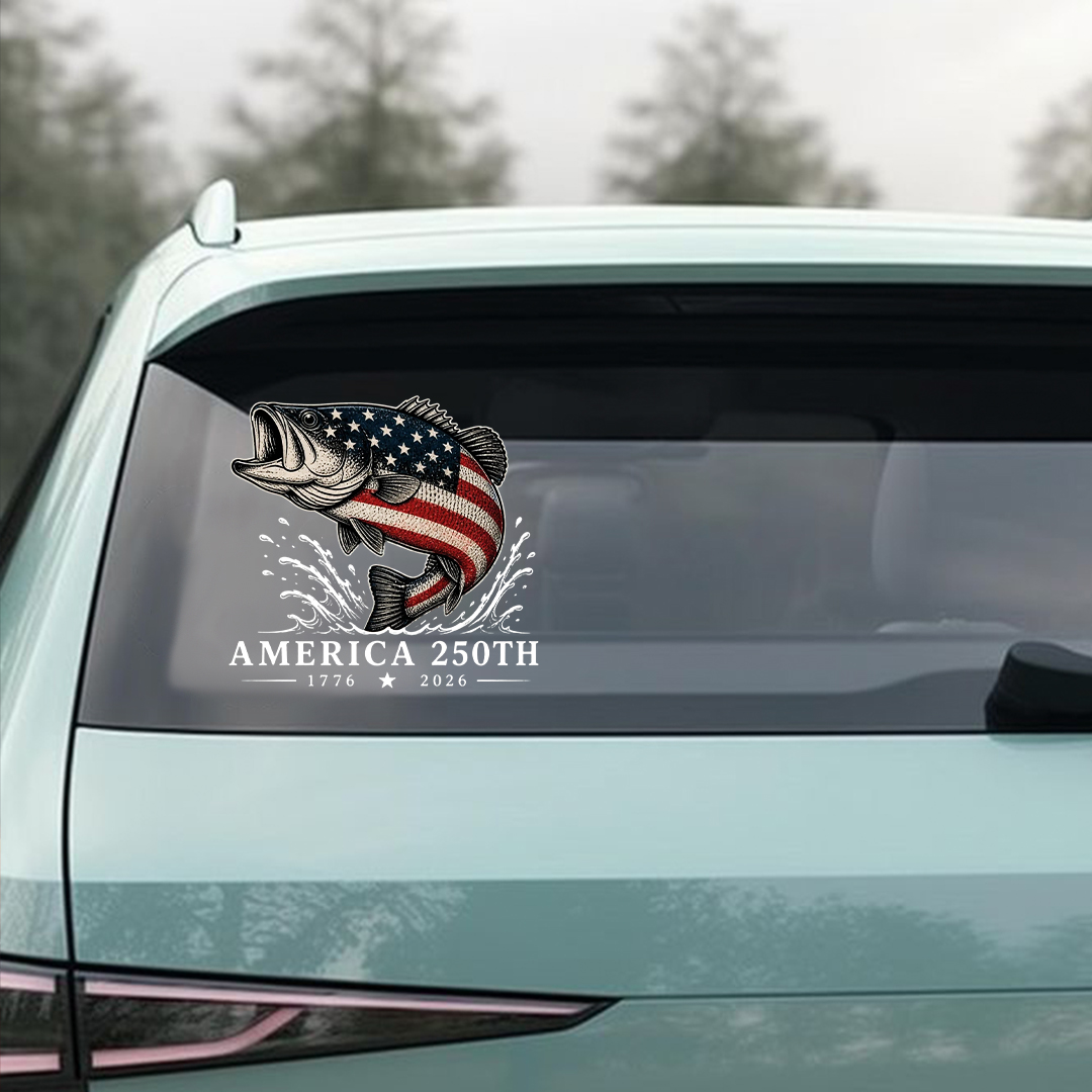 America 250th Anniversary Bass Fish Car Decal – 1776–2026 Patriotic Outdoor Sticker