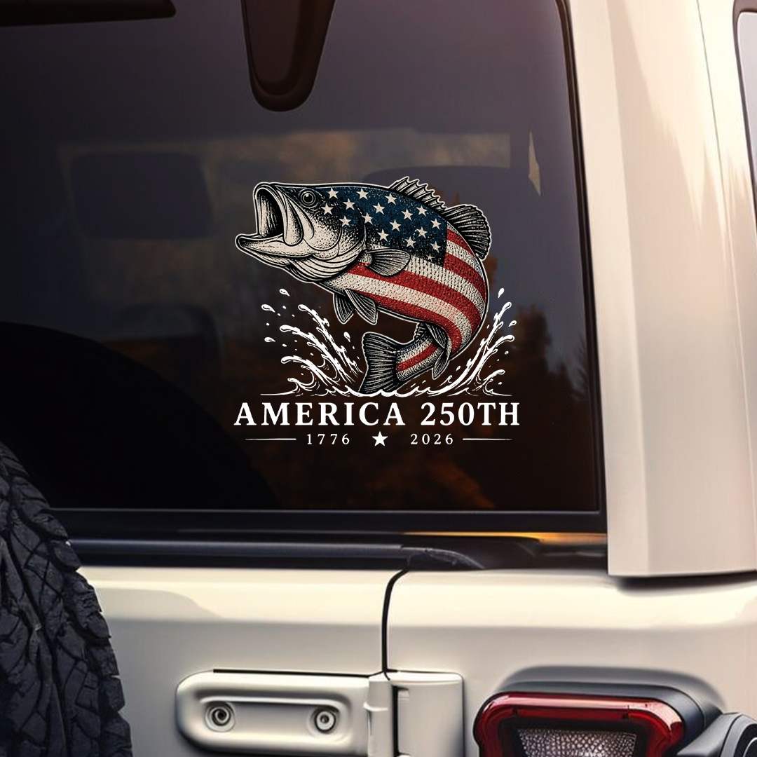 America 250th Anniversary Bass Fish Car Decal – 1776–2026 Patriotic Outdoor Sticker