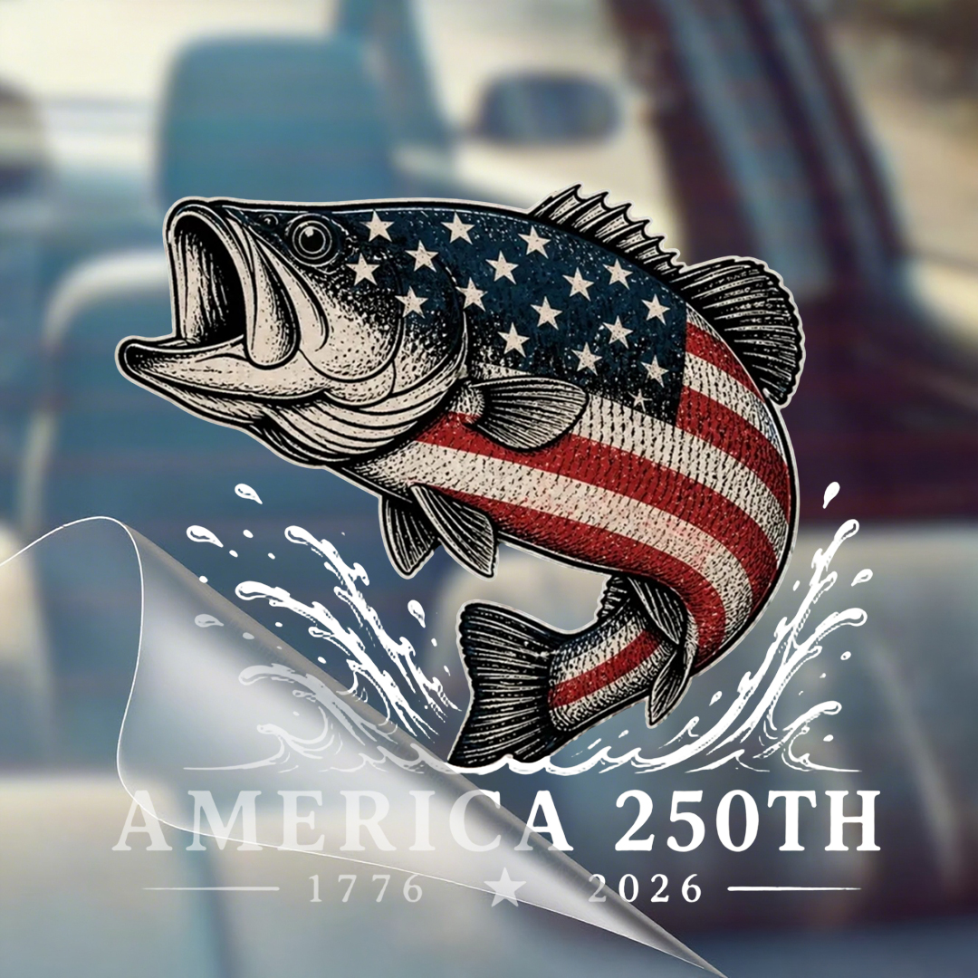 America 250th Anniversary Bass Fish Car Decal – 1776–2026 Patriotic Outdoor Sticker