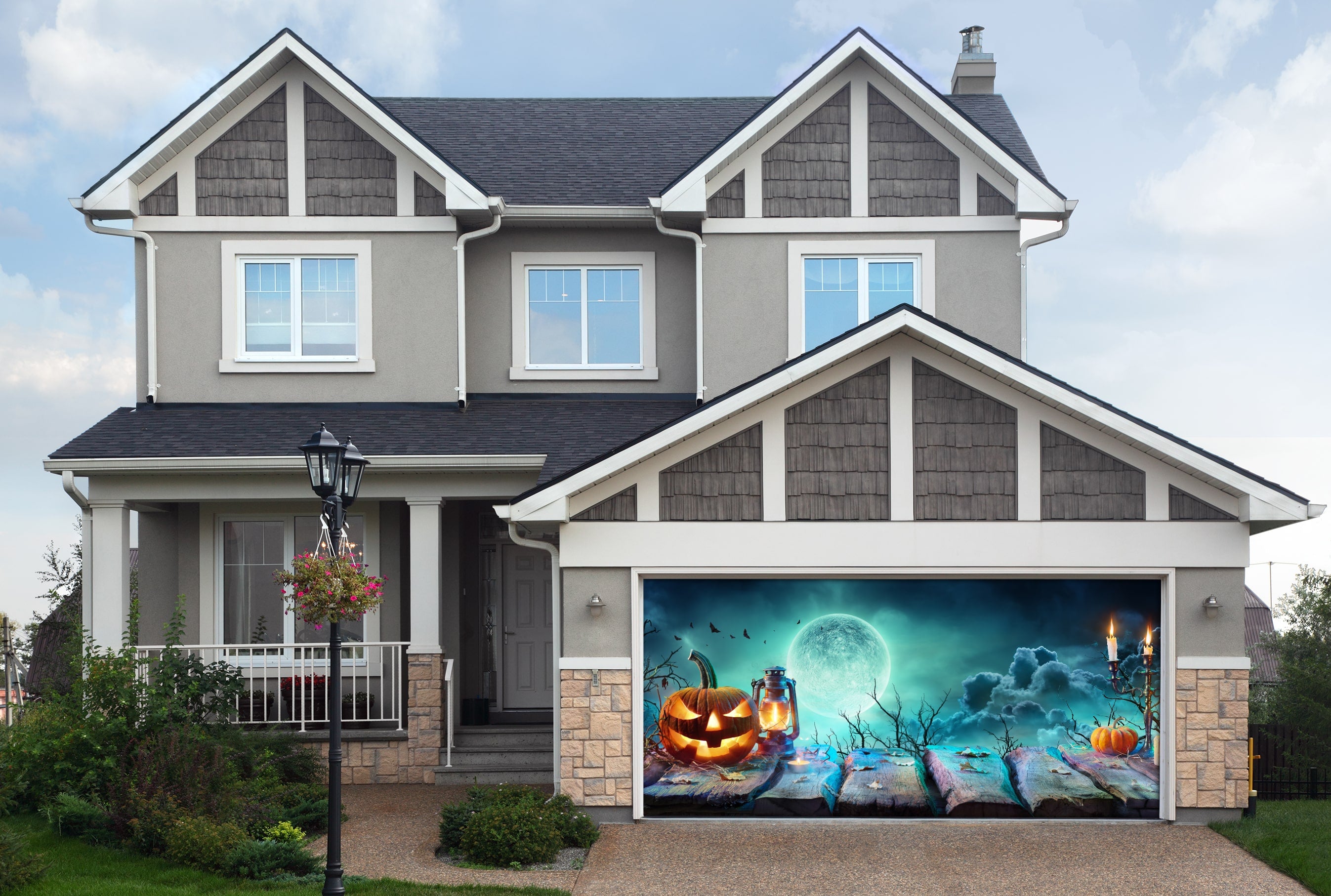 Lantern On Table In Spooky Night Halloween With Full Moon Garage Door Cover Banner Backdrop