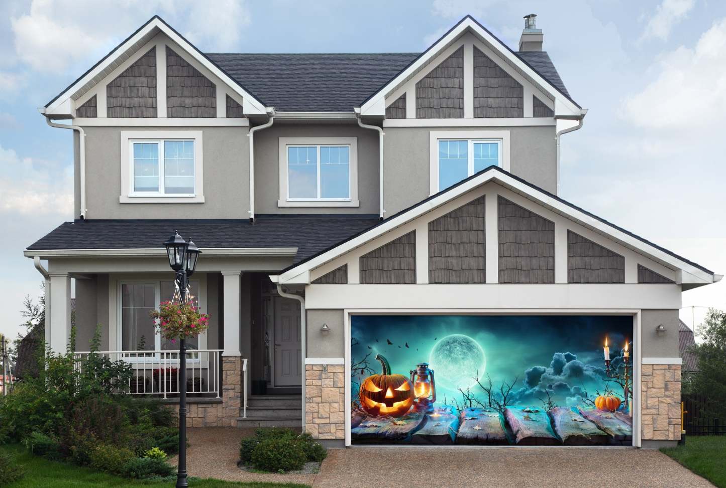 Lantern On Table In Spooky Night Halloween With Full Moon Garage Door Cover Banner Backdrop