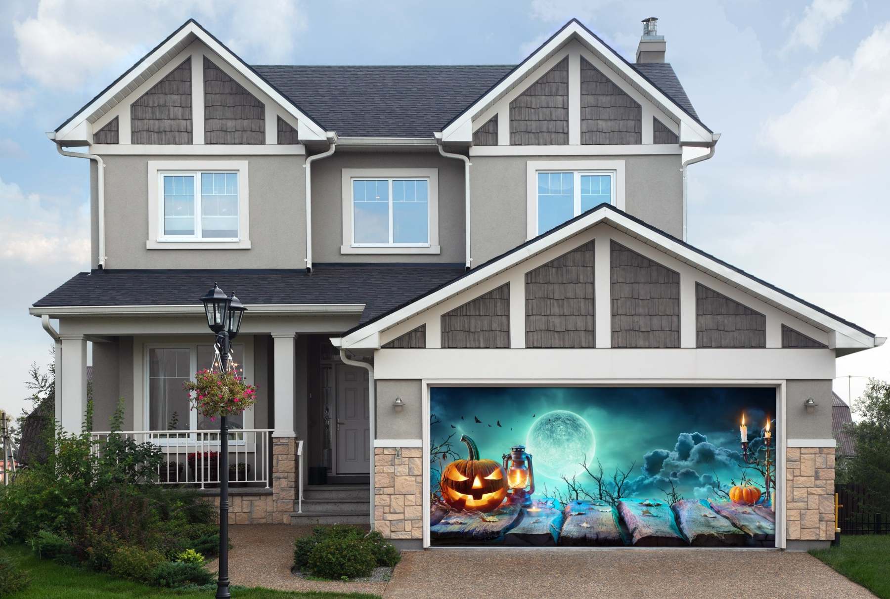 Lantern On Table In Spooky Night Halloween With Full Moon Garage Door Cover Banner Backdrop