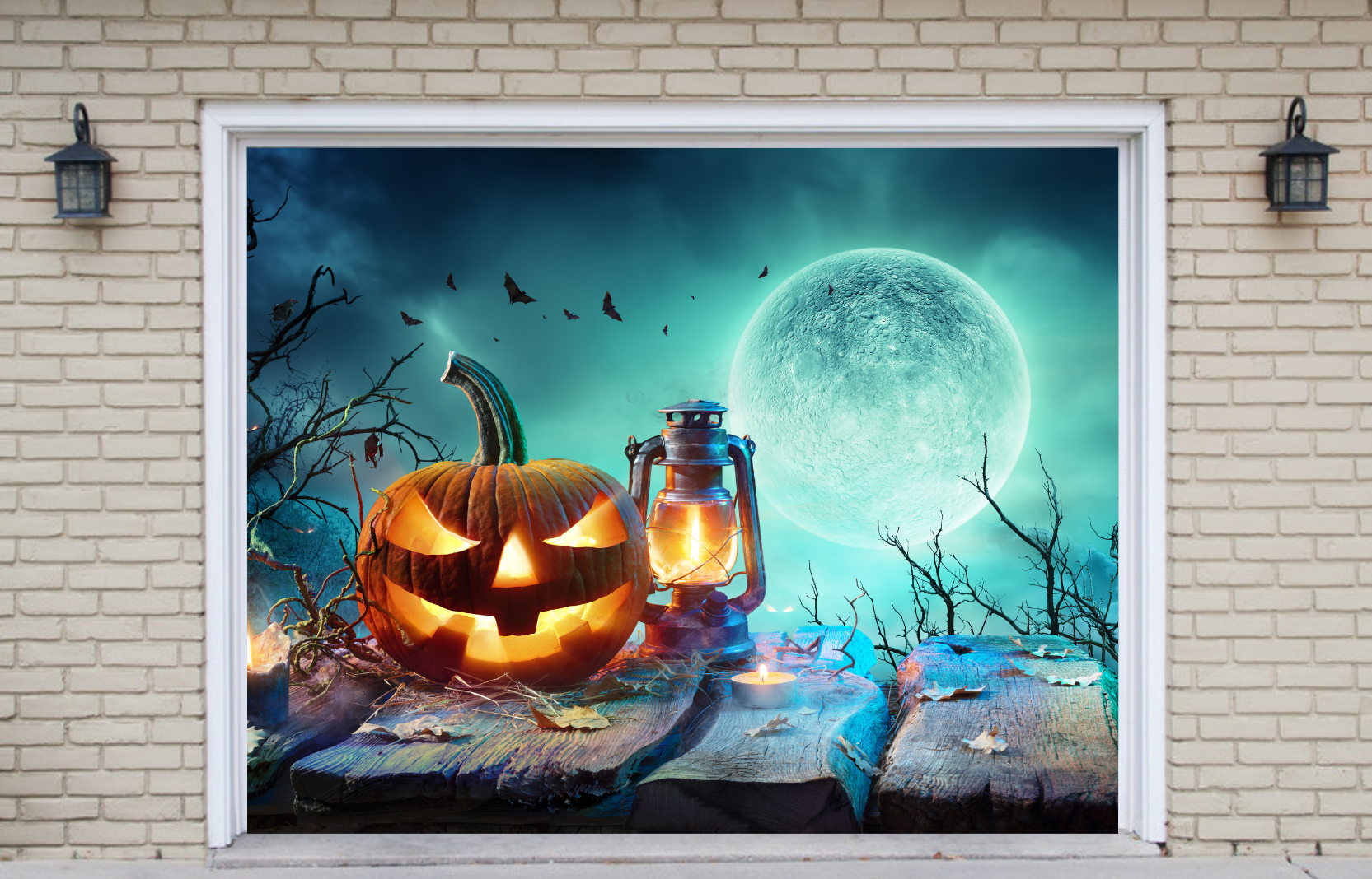 Lantern On Table In Spooky Night Halloween With Full Moon Garage Door Cover Banner Backdrop