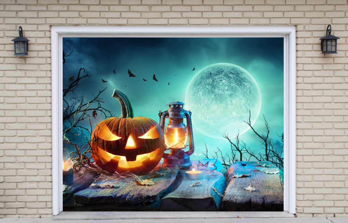 Lantern On Table In Spooky Night Halloween With Full Moon Garage Door Cover Banner Backdrop