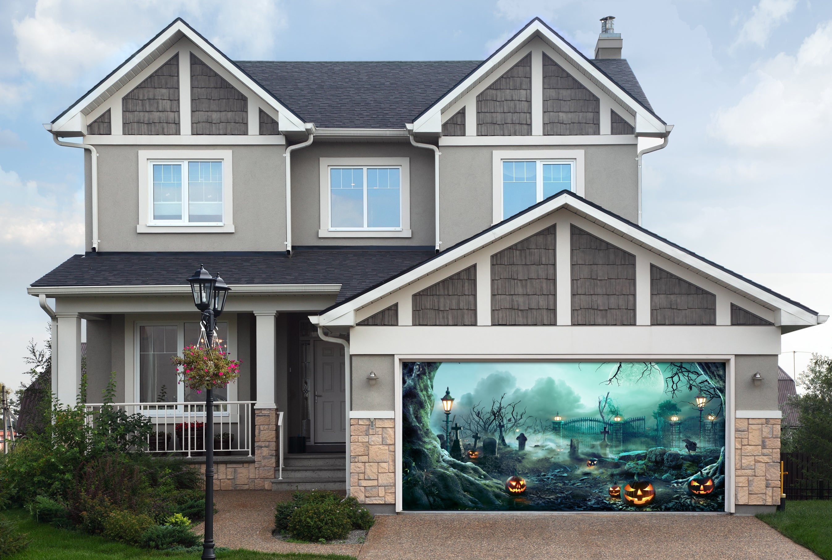 Lanterns In Graveyard In The Spooky Night Halloween Garage Door Cover Banner Backdrop