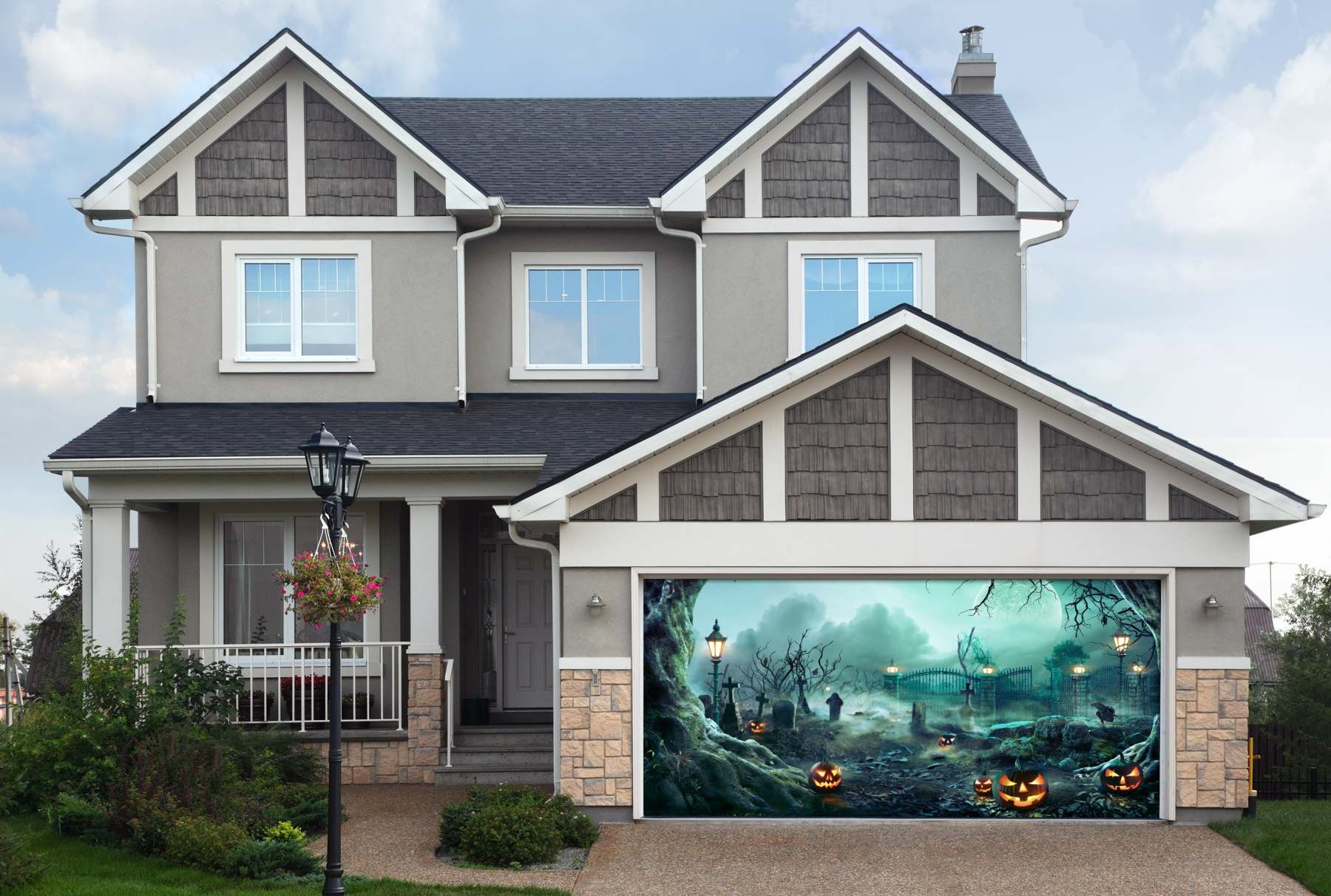 Lanterns In Graveyard In The Spooky Night Halloween Garage Door Cover Banner Backdrop