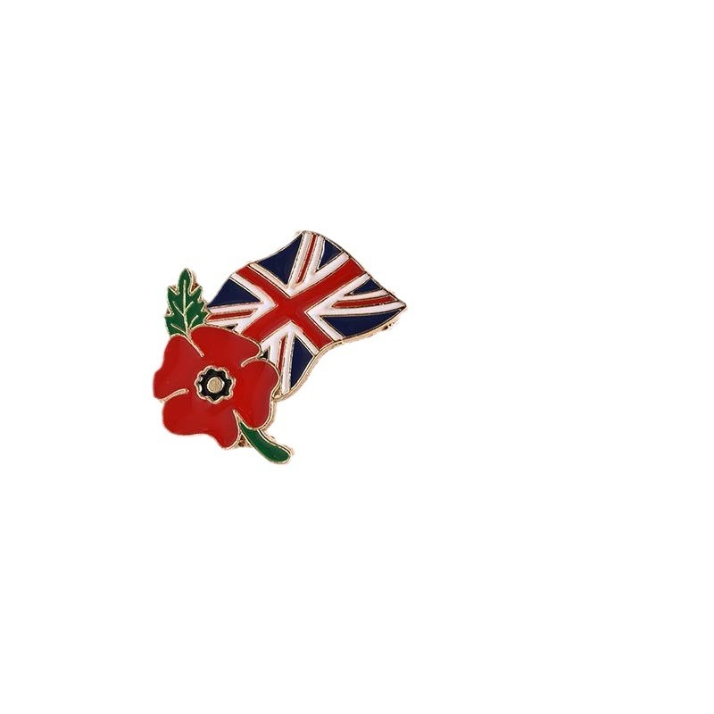 Lest We Forget Red Poppy British Flag Brooch