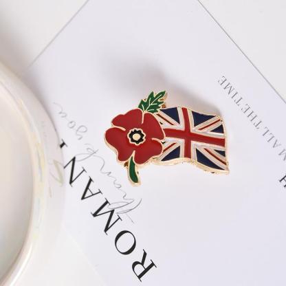 Lest We Forget Red Poppy British Flag Brooch