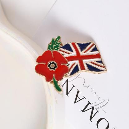 Lest We Forget Red Poppy British Flag Brooch