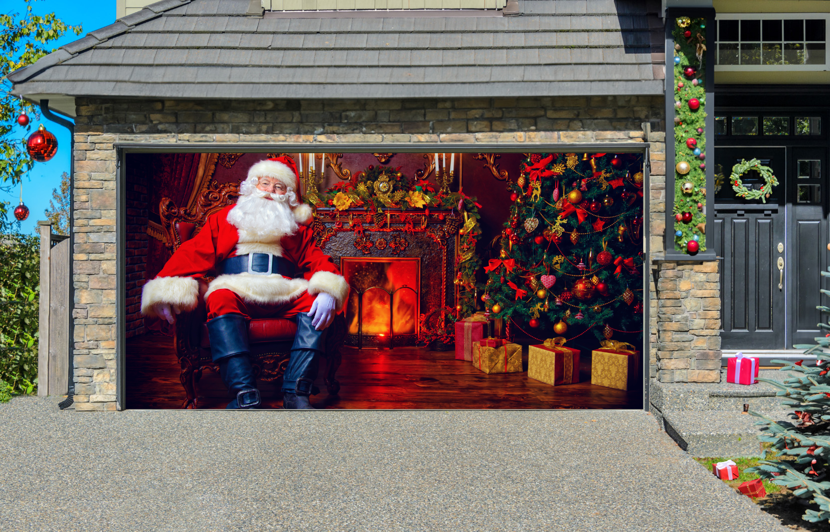 Santa Claus Sitting In The Living Room Christmas Garage Door Cover Wrap Christmas Banner