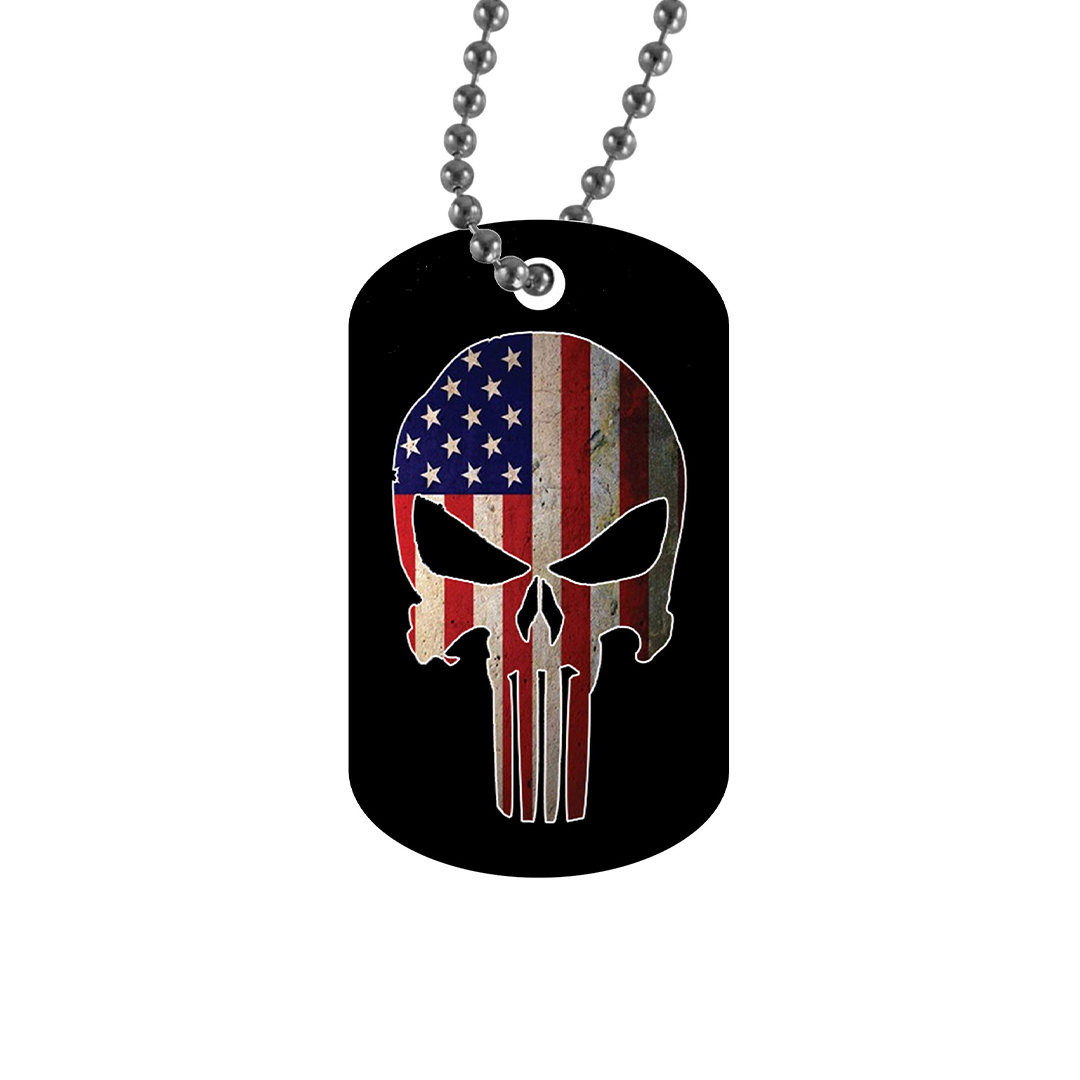 American Flag Skull Dog Tag Necklace