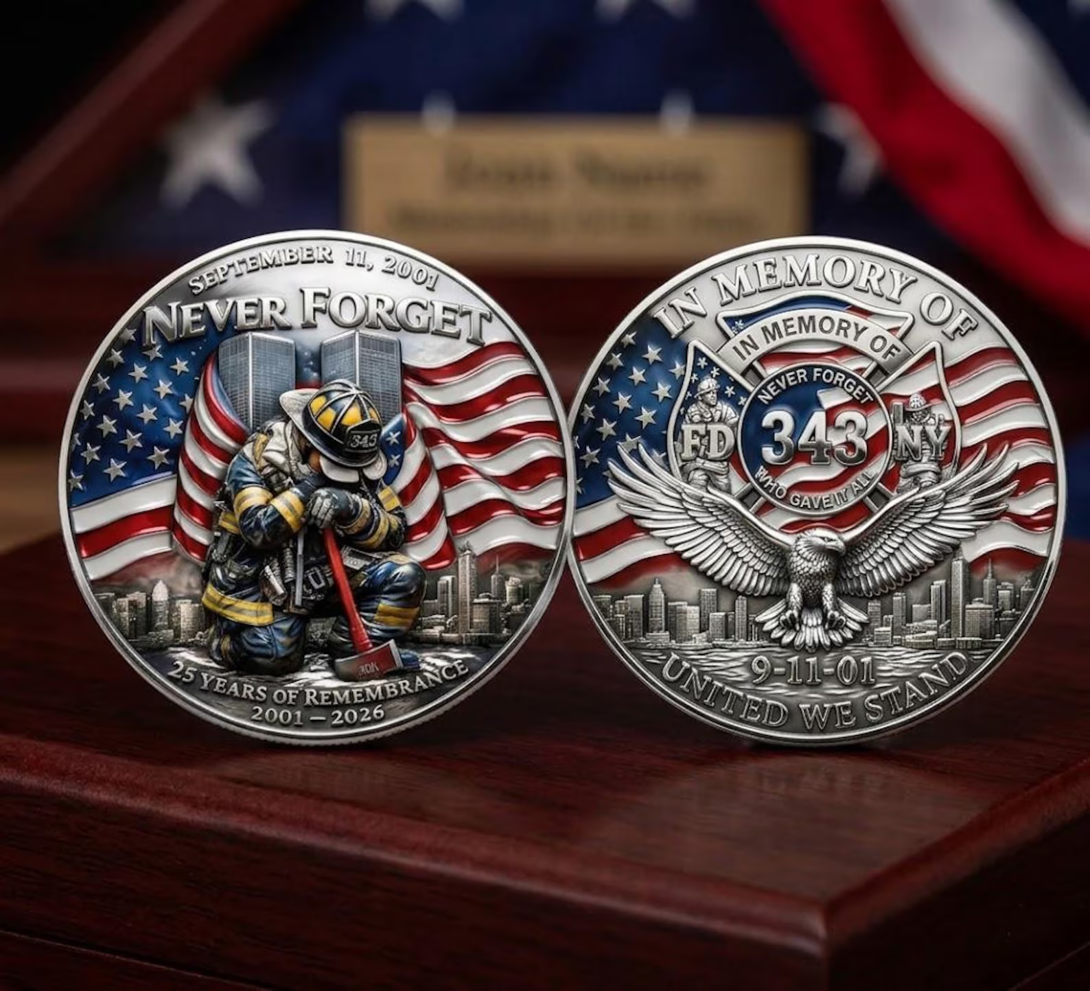 9/11 Never Forget Firefighter Memorial Coin – 25th Anniversary Tribute