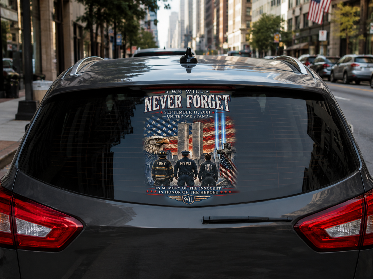 9/11 Never Forget Memorial Rear Window Decal – FDNY, NYPD & First Responders Tribute