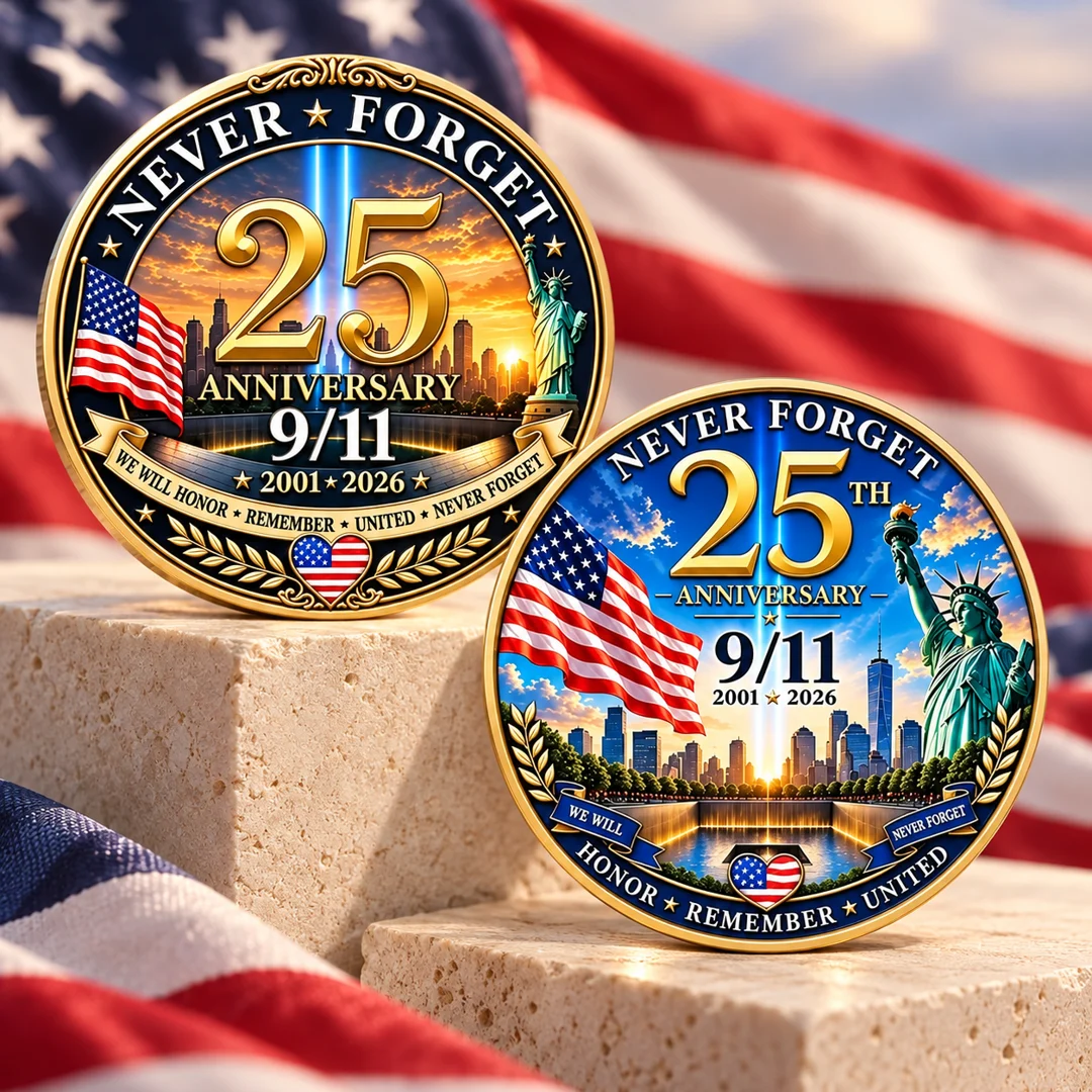Sunset and daylight 9/11 25th anniversary commemorative coin designs