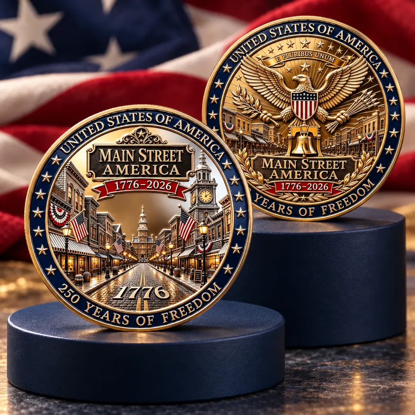 Two views of the 2026 Main Street America commemorative coin on navy display stands
