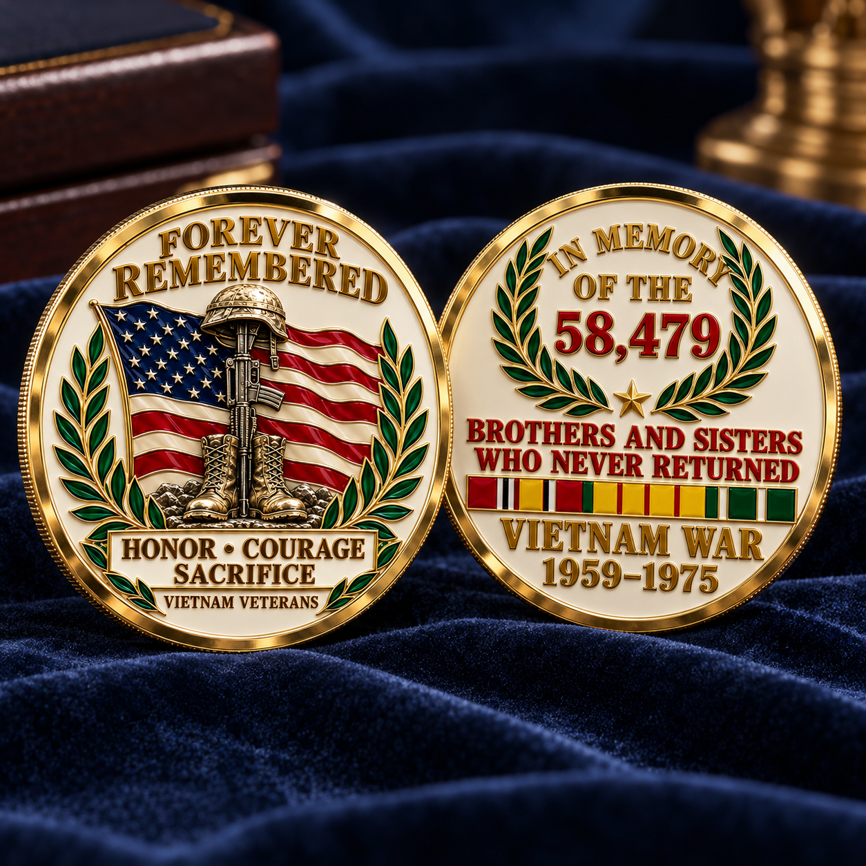 Both sides of the Forever Remembered Vietnam memorial medallion