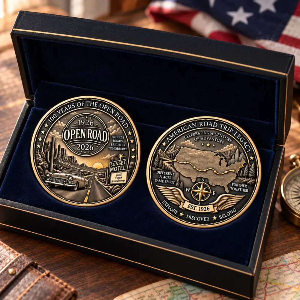 Centennial Open Road Legacy Coin displayed in a presentation case