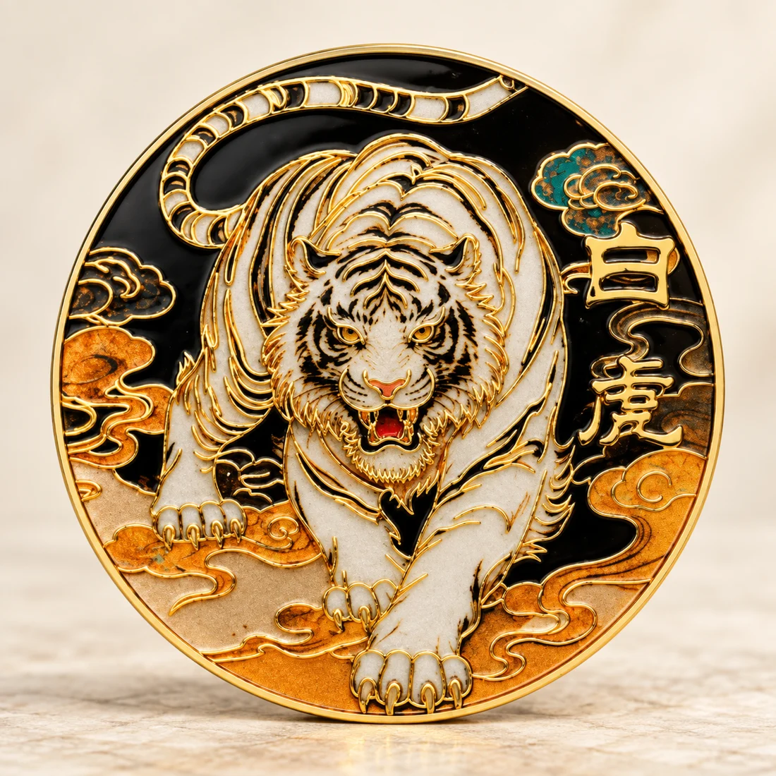 White tiger front with gold-tone contours, cloud motifs and Chinese characters