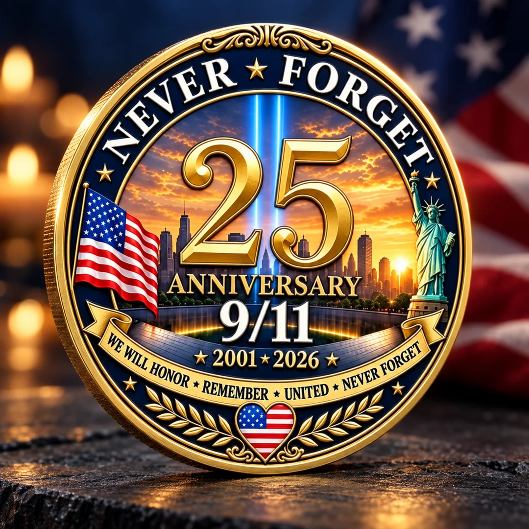 Sunset design with Never Forget inscription, 25 anniversary and memorial artwork