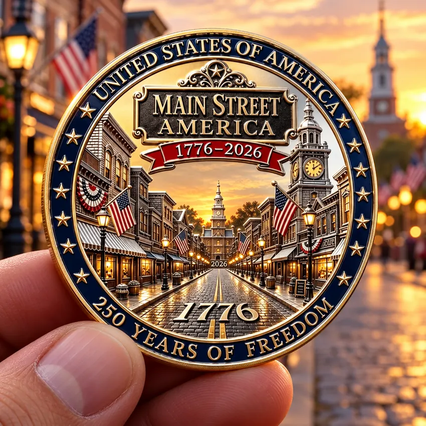 Close-up handheld view of the Main Street America 1776&ndash;2026 street scene side of the commemorative coin