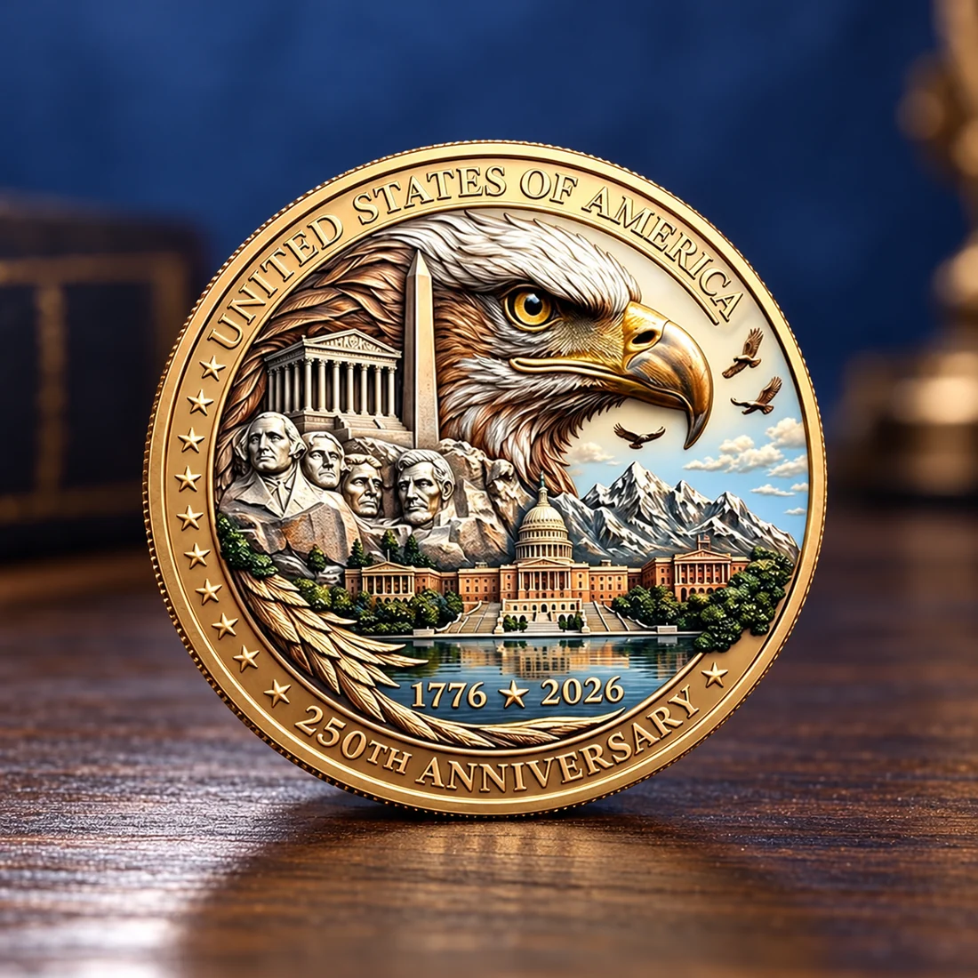 Golden eagle artwork and American landmarks on the front of the coin