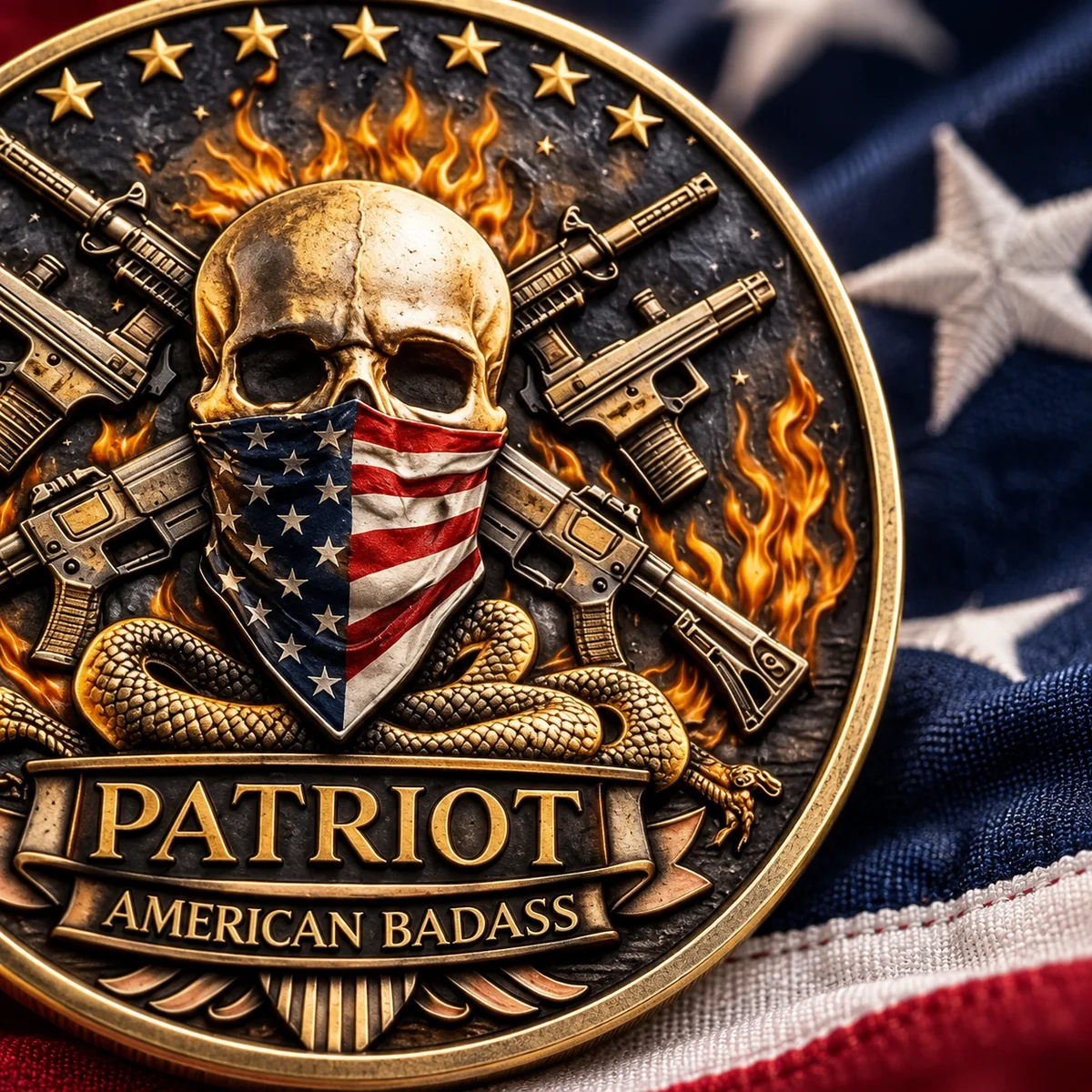 Close-up reverse of Patriot coin with American flag skull crossed rifles fire and rattlesnake