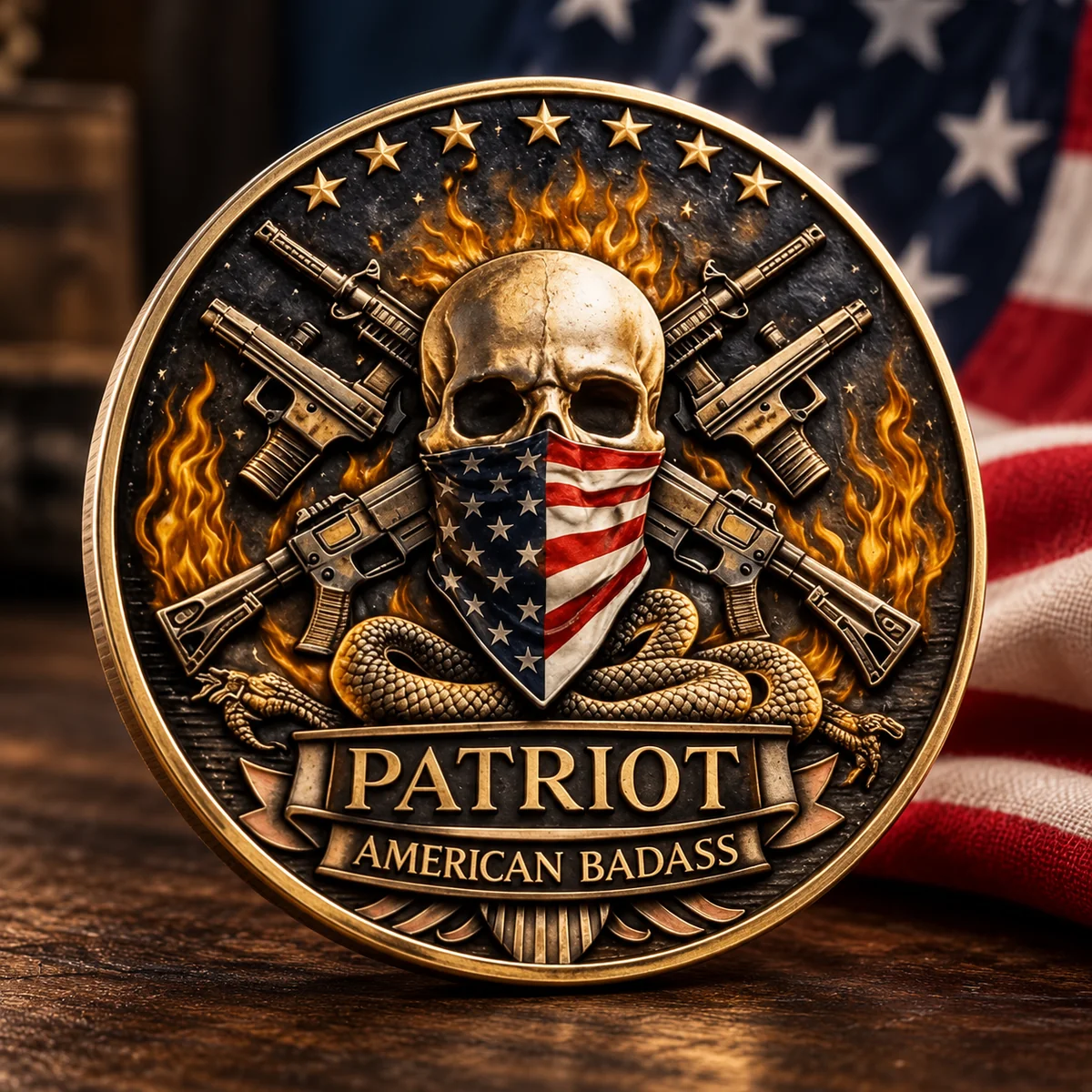 Reverse Patriot American Badass coin displayed against an American flag