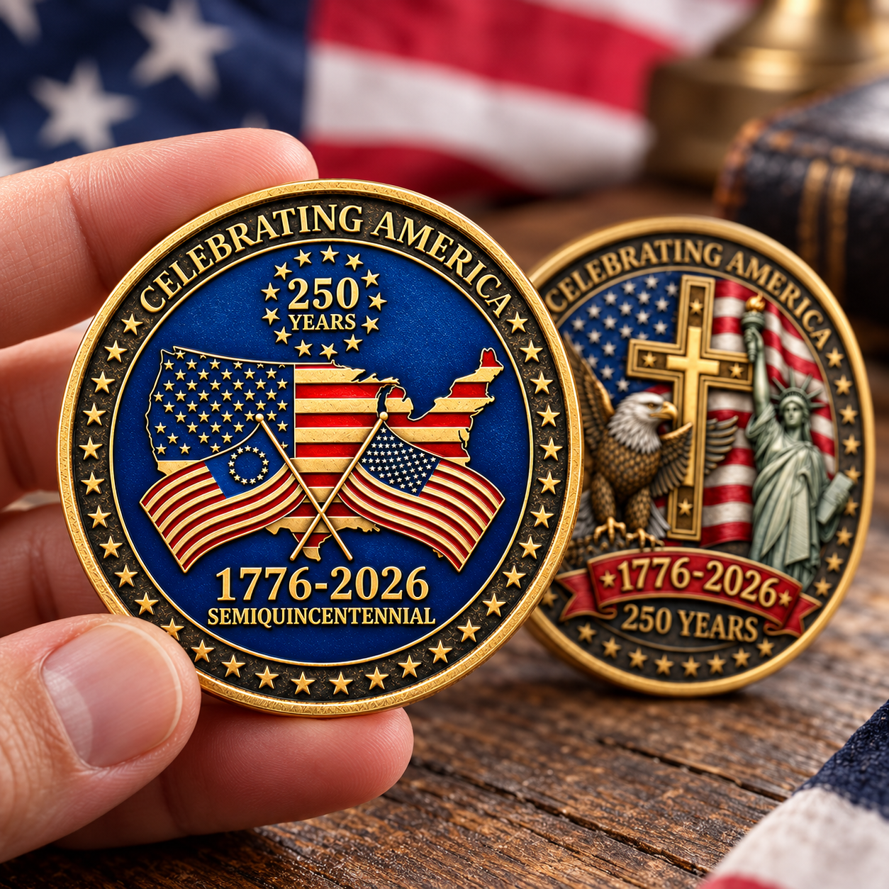 Commemorative coin held in the hand for close-up display