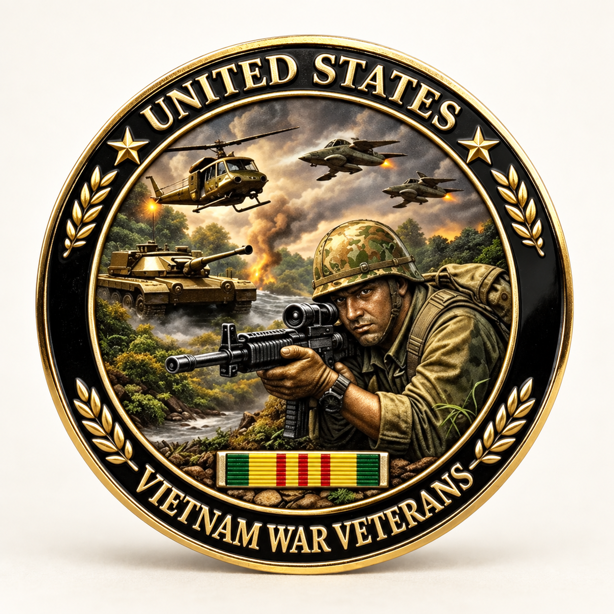 Front face with soldier aircraft tank and ribbon motif