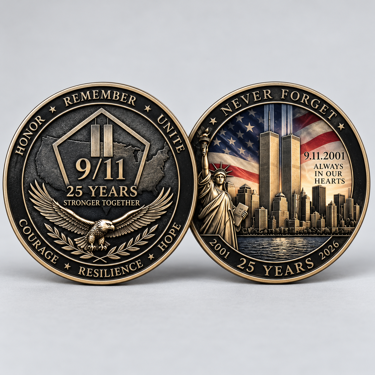 9/11 25 Years Memorial Challenge Coin front and back view